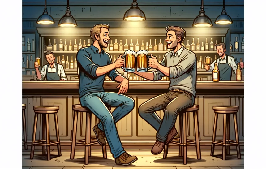 Two Dads in a Bar Sharing Beer Jokes